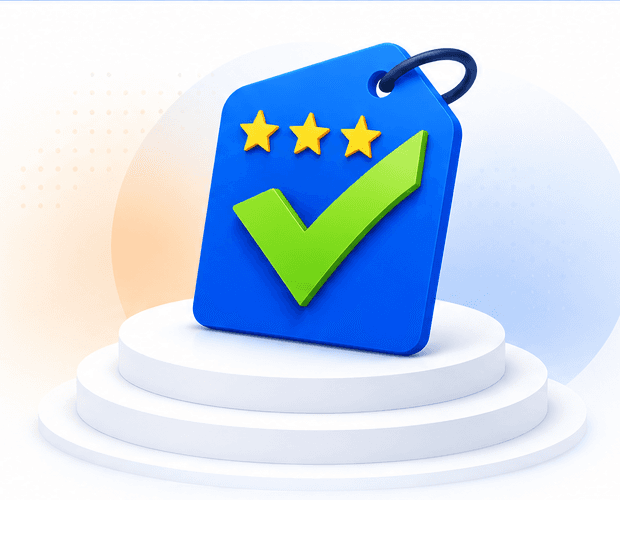 ScoredDeals tag with stars and checkmark on a podium